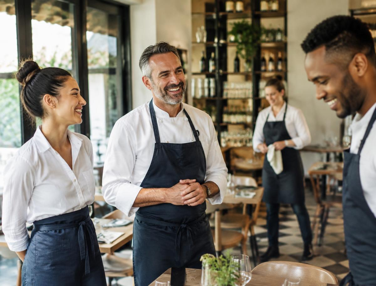 Restaurant owner and staff welcoming guests in a modern bistro