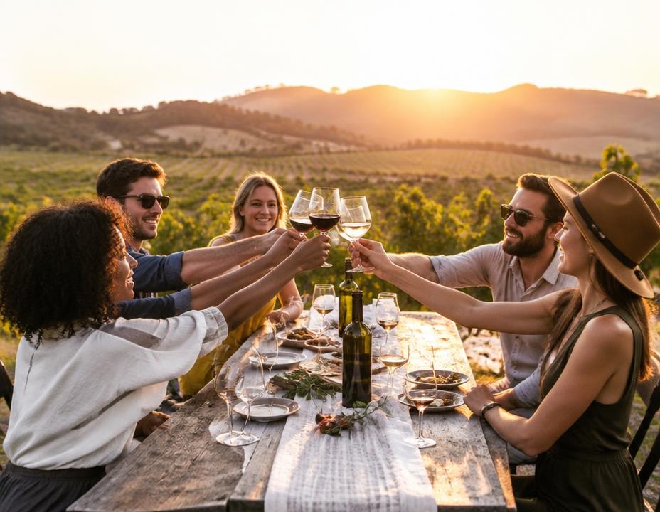 Friends toasting wine at a vineyard tasting at sunset