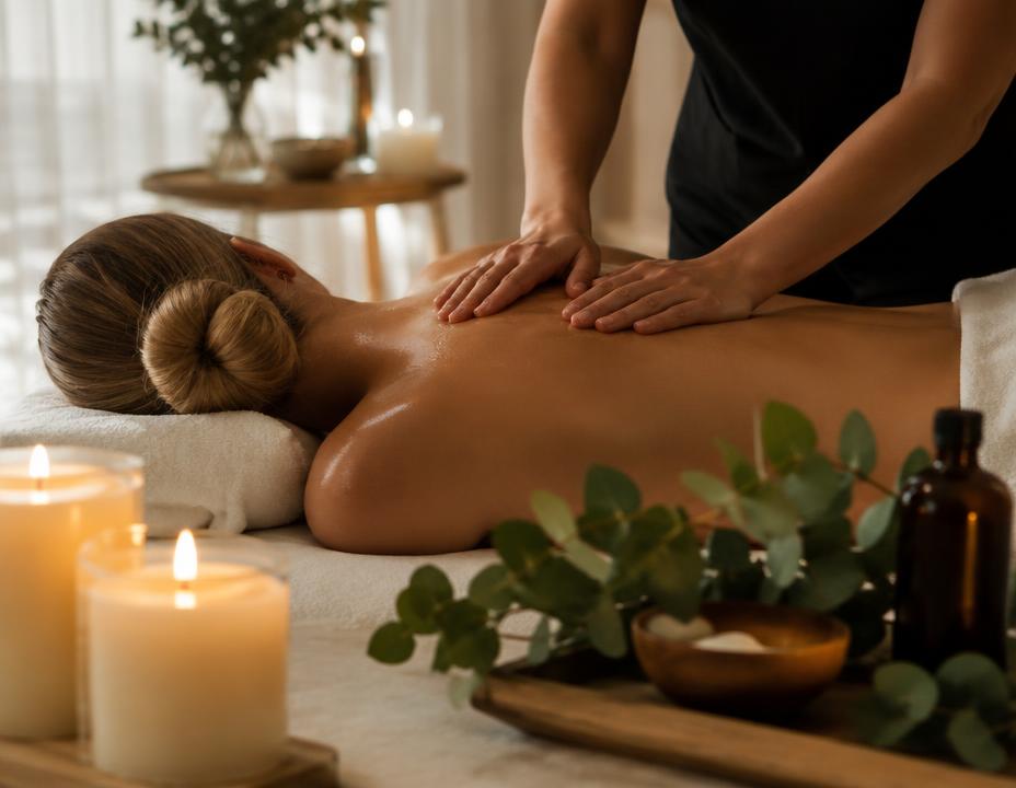 Massage treatment in a candlelit spa room