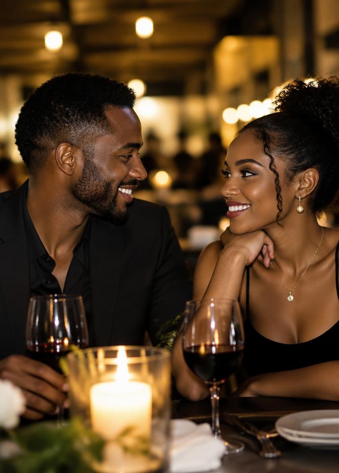 Couple smiling at each other over dinner