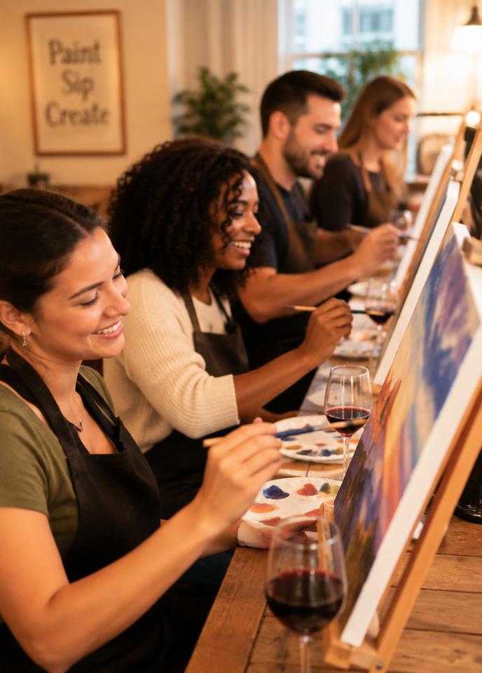 Friends painting together at a sip and paint class