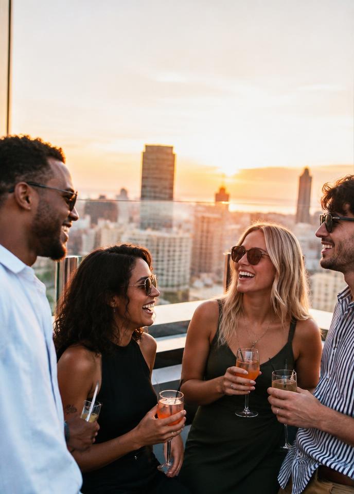 Friends with cocktails at a rooftop bar at sunset