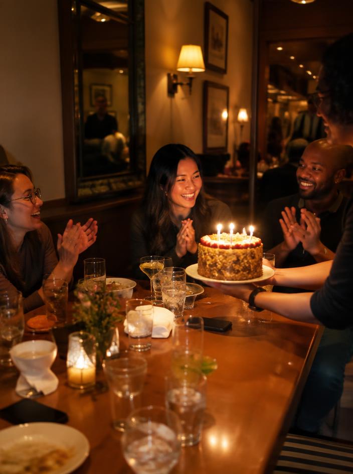Birthday cake carried to a table of friends
