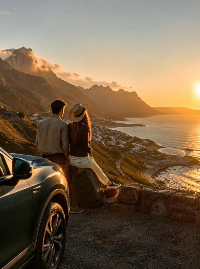 Couple looking out over a coastal mountain road at sunrise